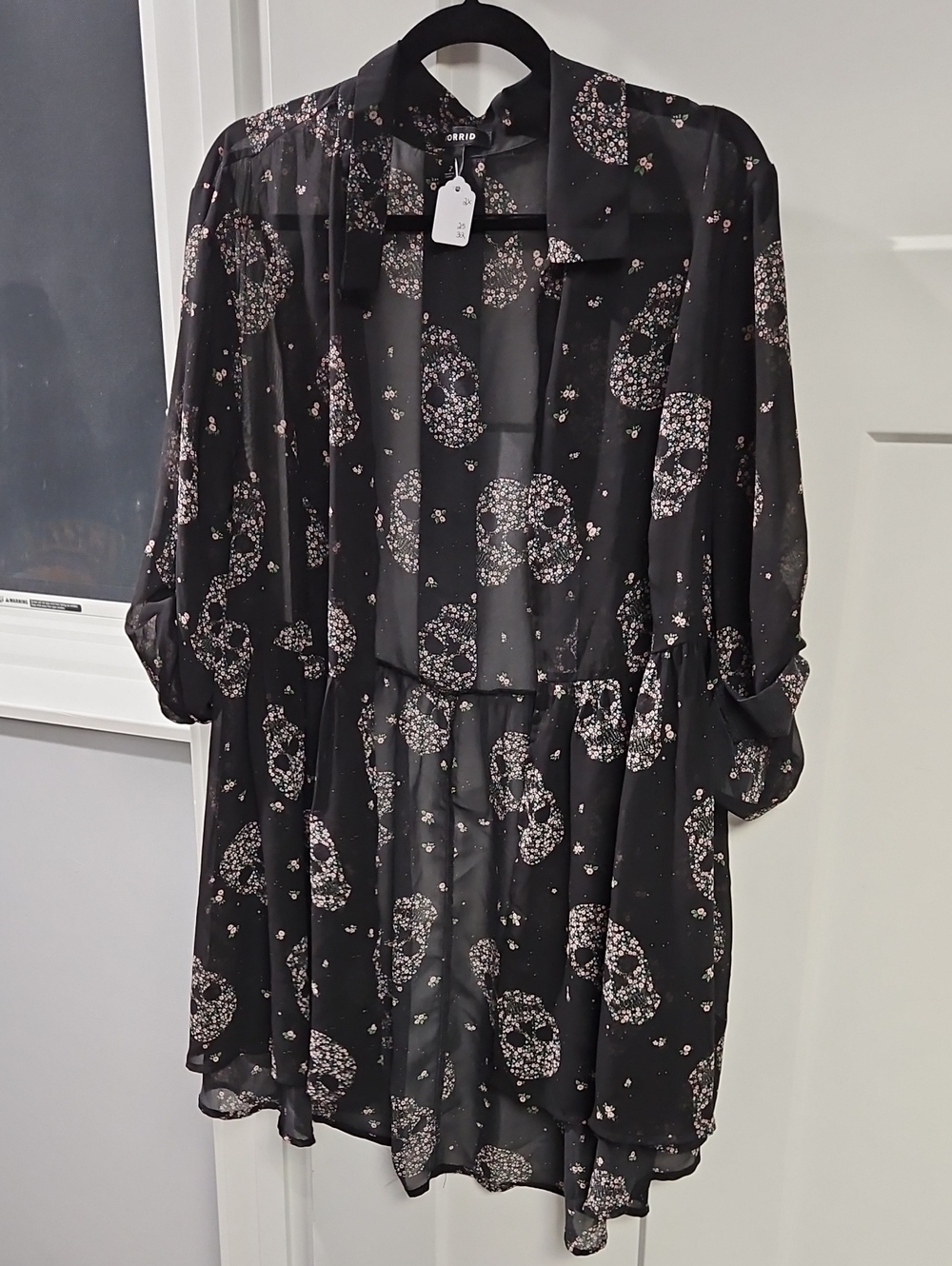 torrid Black Sheer Floral-Print Open Cardigan with Pale Pink Accents